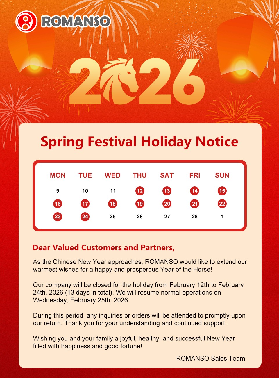 ROMANSO 2026 Chinese New Year Holiday Notice